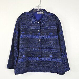Chicos 2 Jacket Womens Size Large 12 Silk Blend Blue Black Printed Long Sleeve